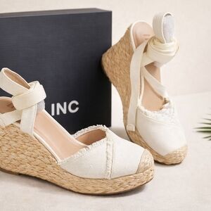 INC International Concepts Cream Espadrille Wedge Sandals with Ankle Wrap